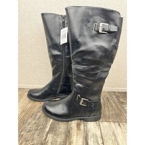 BareTraps Carmen Black Knee High Riding Moto Boots Buckle Faux Leather 7.5 NWT